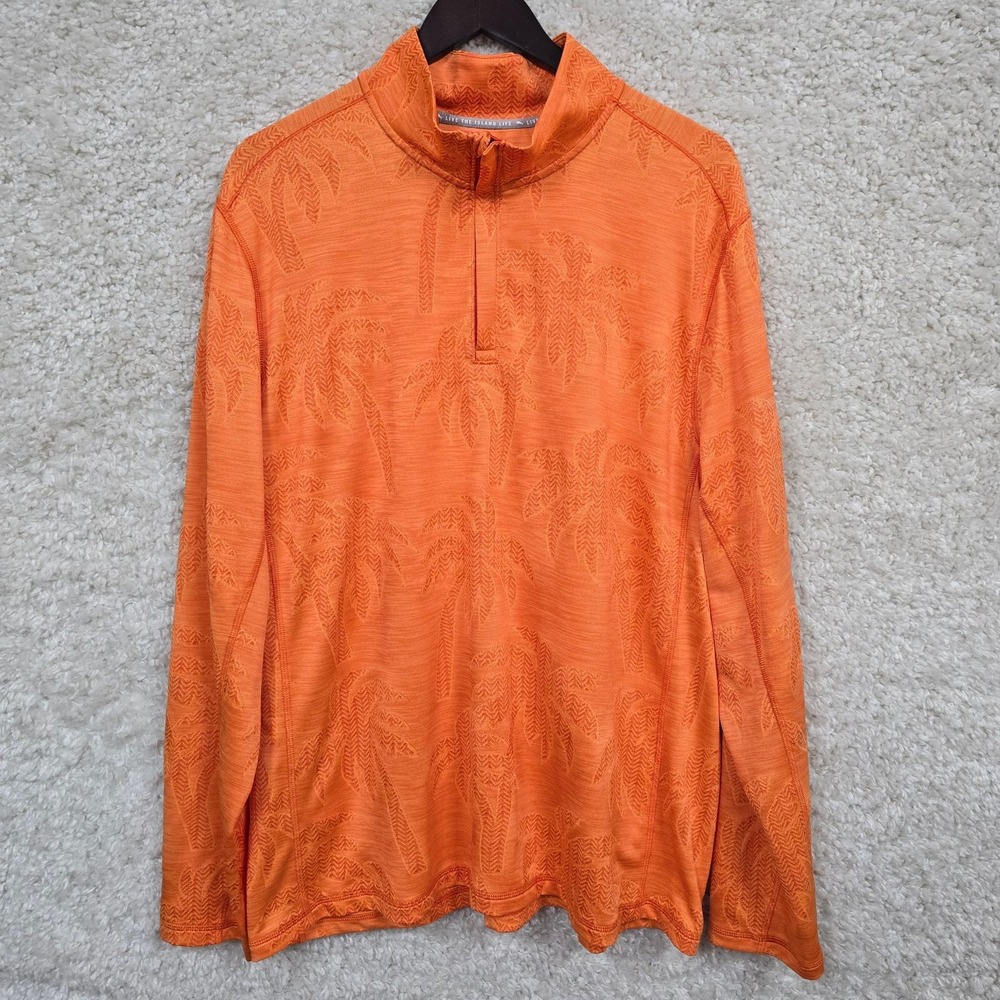 Tommy Bahama IslandZone Pullover‎ Mens XL Orange Palm Jacquard Quarter Zip